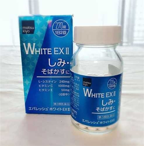 Viên uống trắng da trị nám White EX II của Nhật Bản chứa các thành phần vitamin và các dưỡng chất chống oxy hóa, không chỉ tốt cho sức khỏe, mà còn có tác dụng làm sáng da, trị thâm nám, tàn nhang, cải thiện vùng da bị tối màu, cho làn da trắng sáng đều màu, không tỳ vết.